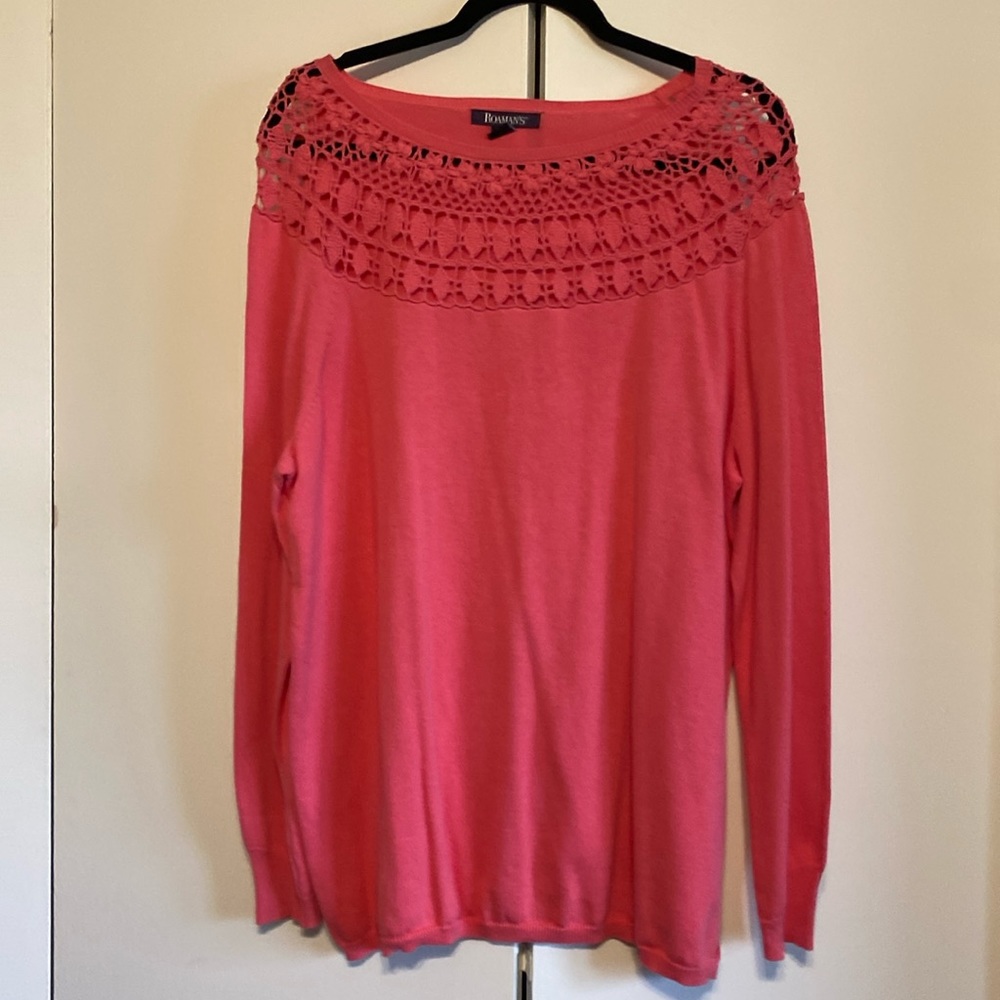 Roamans’s 18/20W, NWOT pink,lightweight sweater w crochet lace shoulder detail